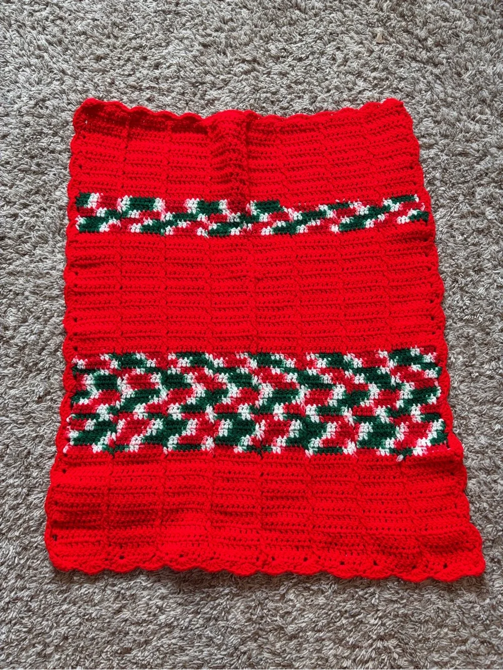 Handmade Red Crochet Throw with Festive Green & White Accents